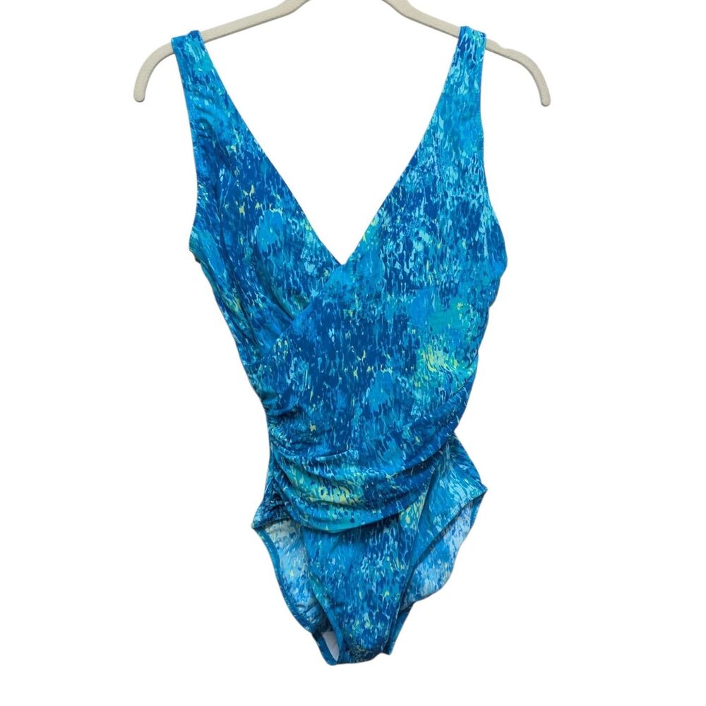 LL Bean Bathing Swim Suit One Piece Size 10 Bra Blue Pattern Ruched UPF50